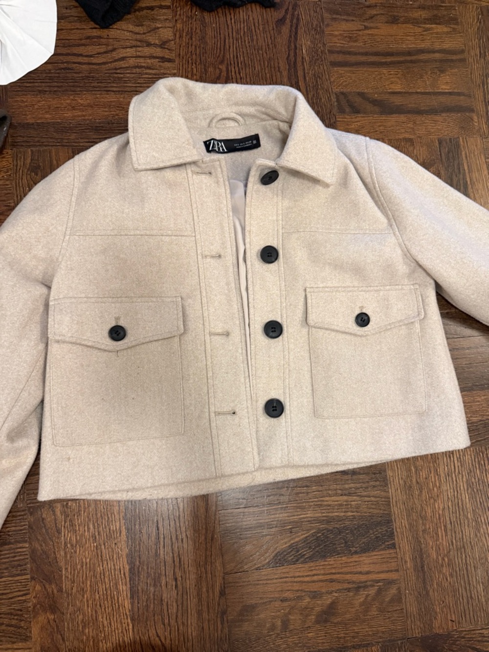 Zara Cream Cropped Button Wool-Blend Jacket
